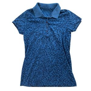 Leopard Print Polo Shirt Cap Sleeve Indie Sleaze Medium Navy Blue Y2K 2010s